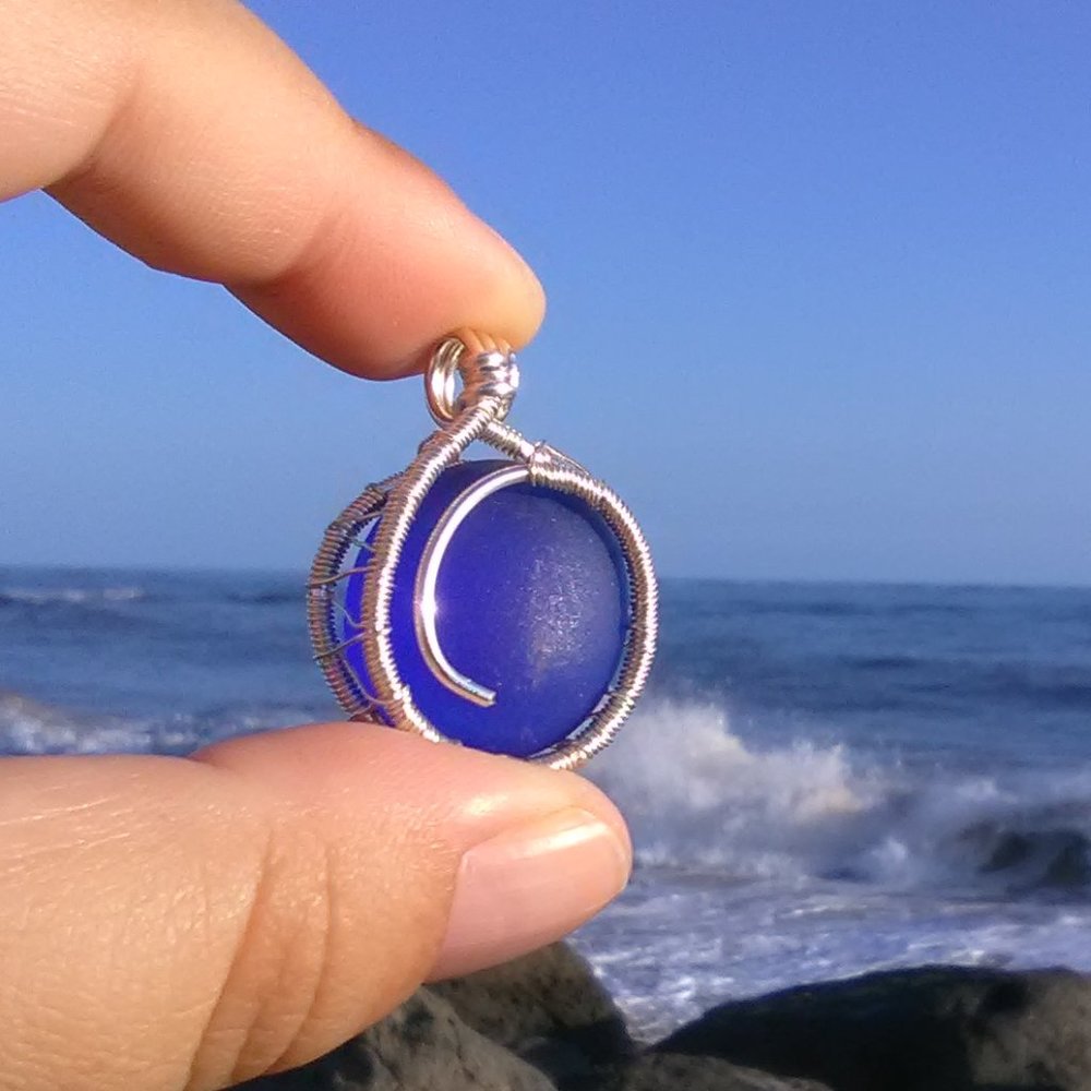 Dark Blue Sea Glass Silver Wrapped Necklace